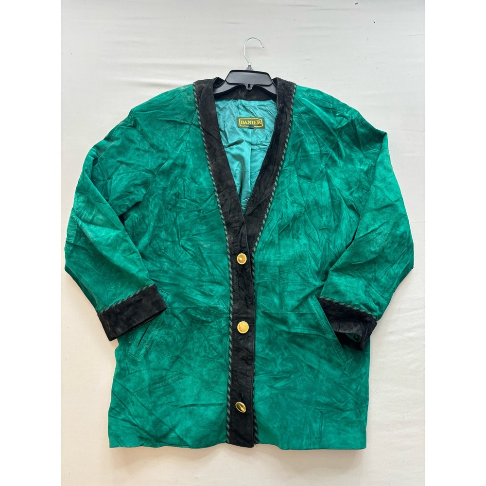 Danier Vintage Emerald Green Suede Leather Jacket Black Trim Gold Buttons L